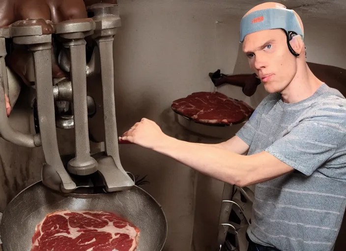 Jerma putting a person in a meat grinder in a basement Stable Diffusion