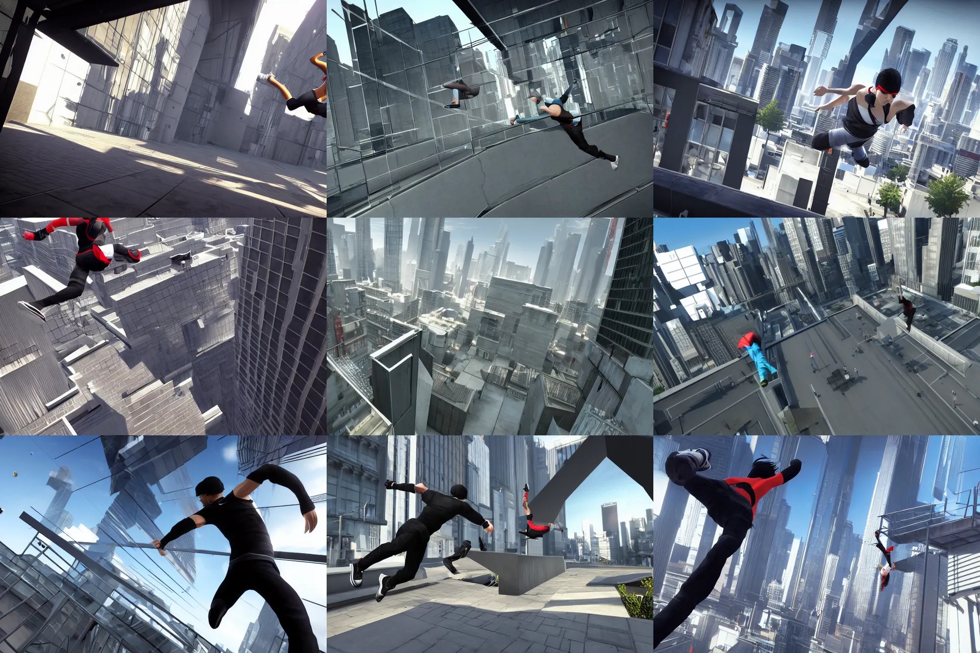 freerunning in mirror's edge 3 videogame screenshot, Stable Diffusion