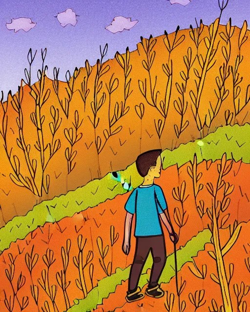autumn hillside boy hiking illustration detailed, by Stable Diffusion