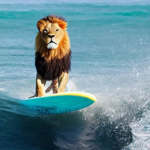 A lion on a surfboard riding a wave in the ocean, Stable Diffusion