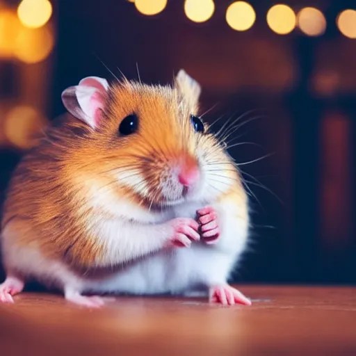 photo of a hamster, at night, candlelit restaurant Stable Diffusion