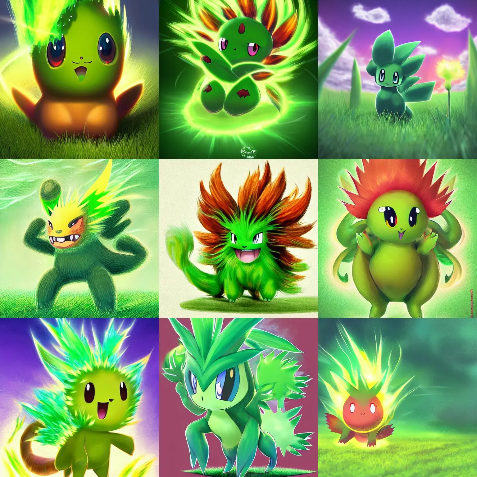a cute little grass type pokemon, green fire bursting Stable