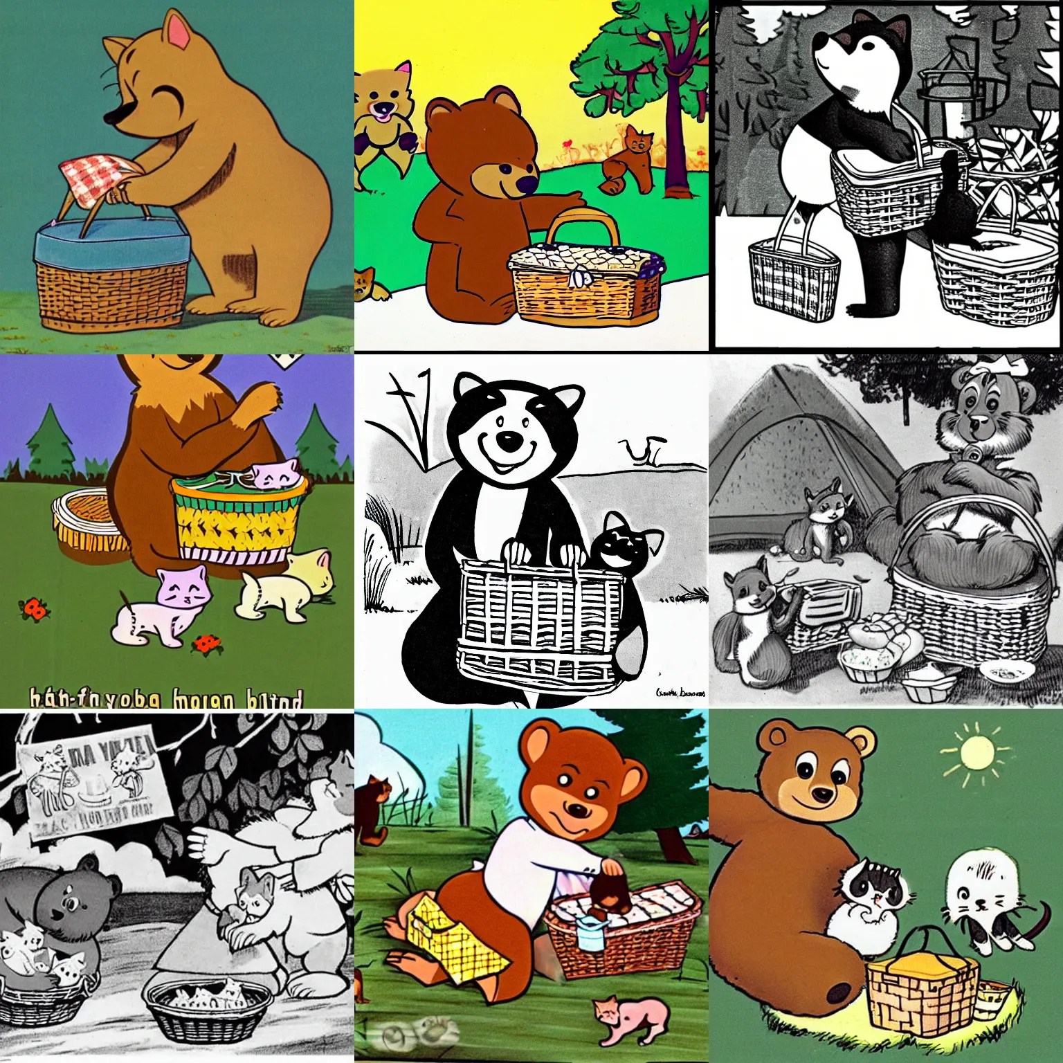 Yogi Bear stealing a picnic basket full of kittens, Stable Diffusion