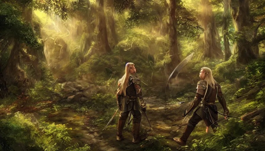 gimli and legolas in lothlorien, being friends, Stable Diffusion