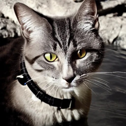 cat wearing diving suit swimming in a river, 8k Stable Diffusion
