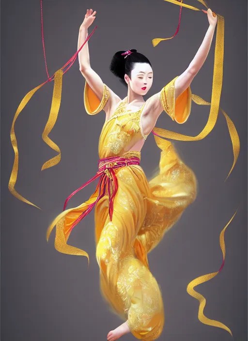 full body portrait of a dancer throwing silk belts, Stable Diffusion