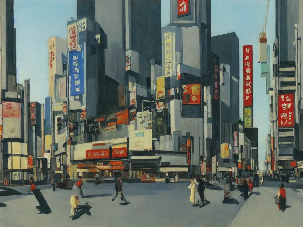 an edward hopper style painting of shinjuku crossing, Stable