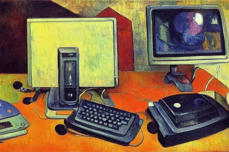 still life painting of vintage computers by Paul Stable Diffusion