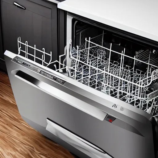 open dishwasher with cast iron skillet inside, high Stable Diffusion