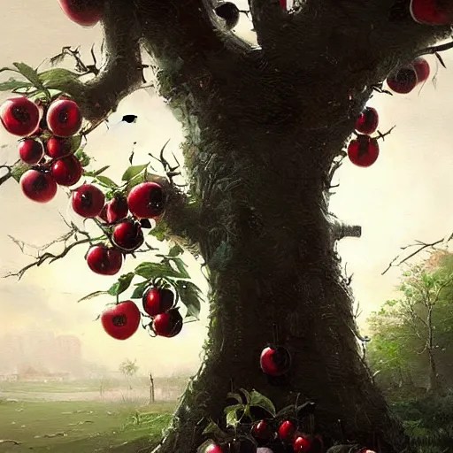 a tree with many black colored apples, black poison Stable Diffusion