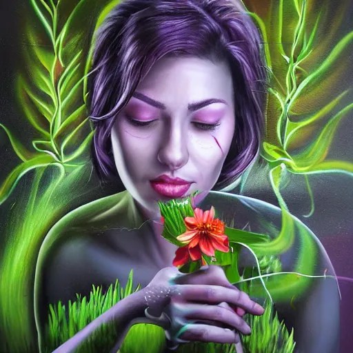 a woman watering flowers, airbrush painting, 8 Stable