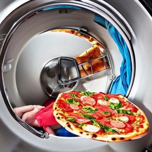 photo of a washing machine with pizza spinning inside Stable