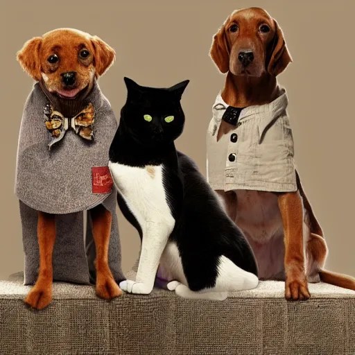 Cats and dogs wearing human clothes, award winning, Stable Diffusion