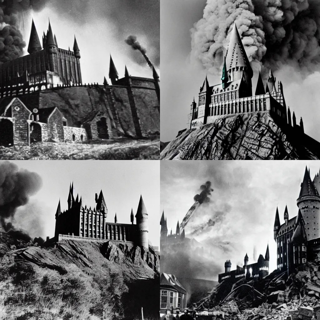 Hogwarts Castle being bombed during the blitz, fire, Stable Diffusion
