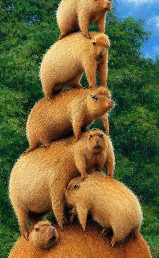 A precarious tower of capybaras, standing on top of Stable Diffusion