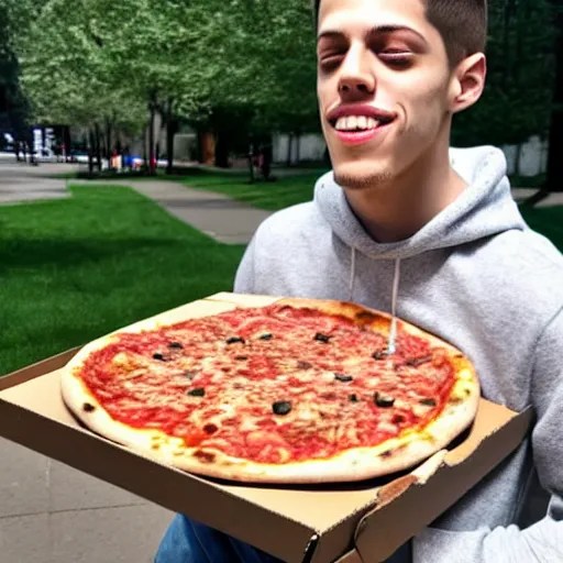 pete davidson happily carrying a fresh pizza without a Stable
