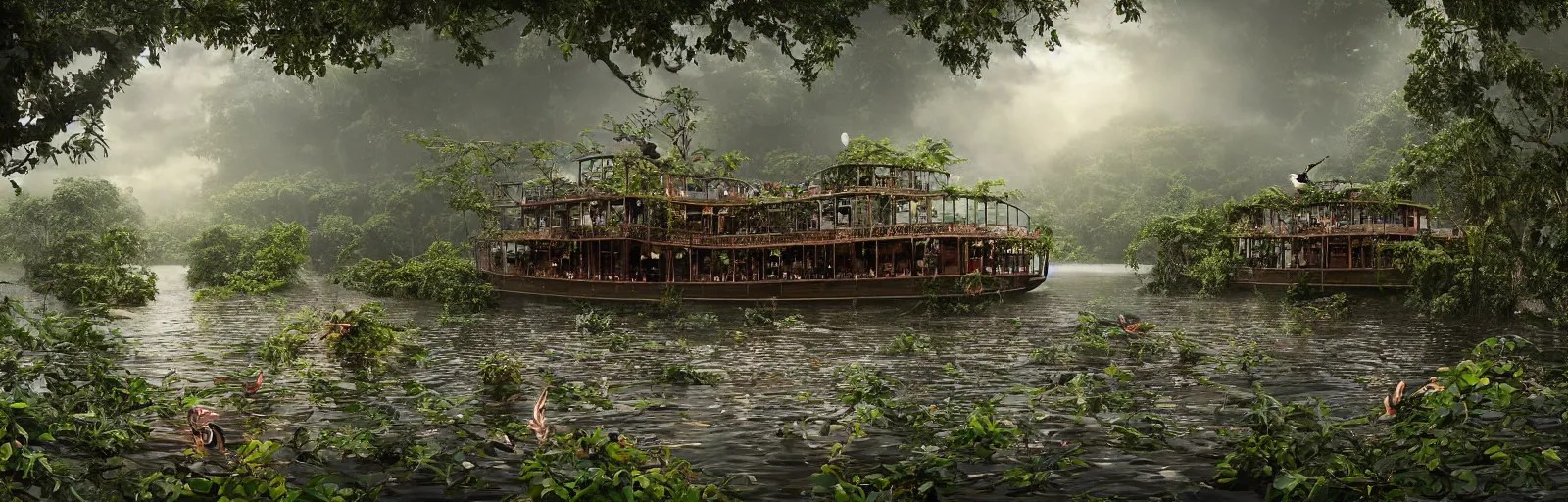 A wooden, beautiful 1880's steamboat overgrown with Stable Diffusion