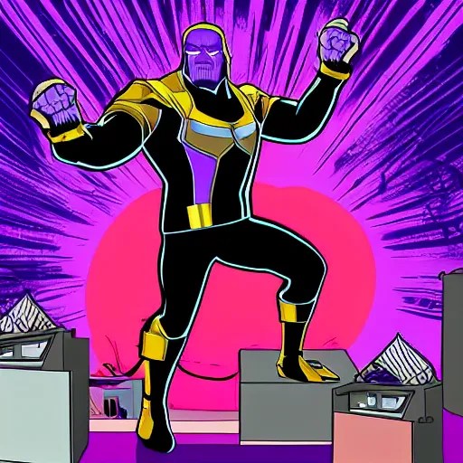 thanos is a d. j. spinning records at an off the hook Stable