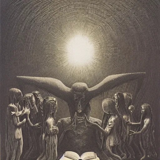 Baphomet is reading a book, children gather around him Stable