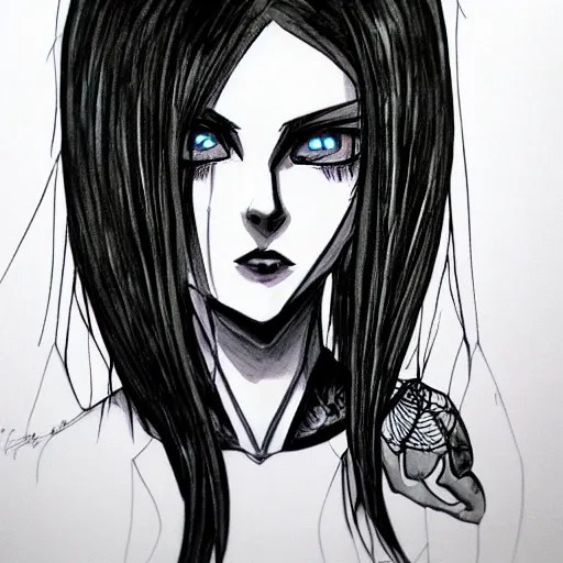 headshot art of a goth anime woman, evil, bust Stable Diffusion