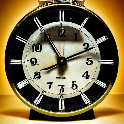 a vintage radium alarm clock at night glowing, photo, Stable Diffusion