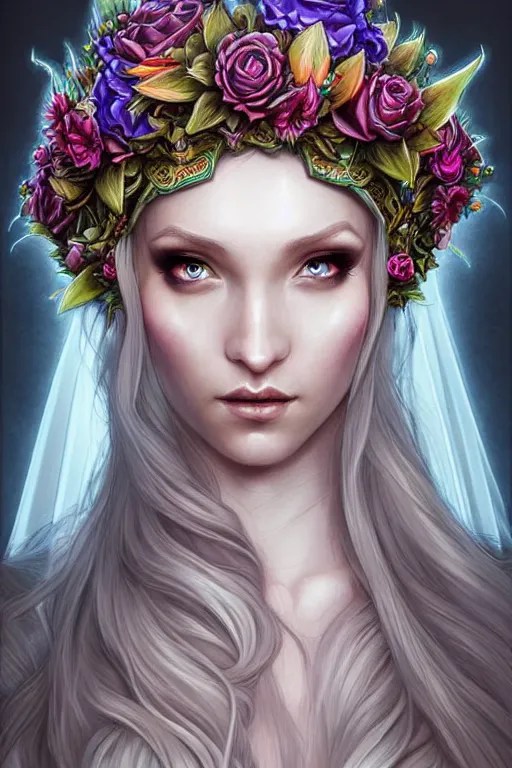 digital art, centered elven bride, vivid flower crown Stable