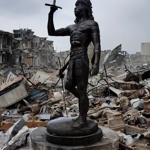 statue of a warrior standing in the destroyed city Stable Diffusion