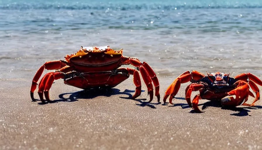A crab dancing to crab rave song. On a beach, at the Stable Diffusion