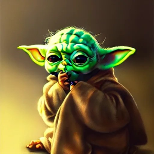 Baby yoda drinking soda, highly detailed, digital Stable Diffusion