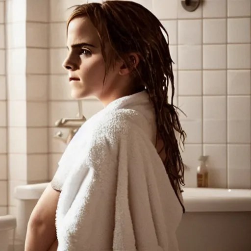 Emma Watson in an ad for bathtubs, wet hair, wearing a | Stable Diffusion