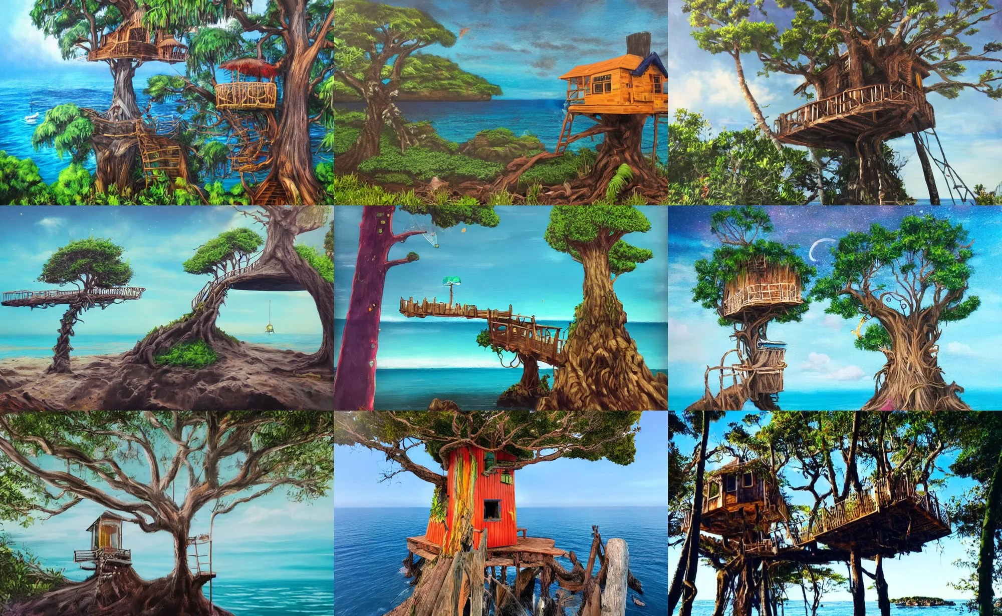 spray paint of a mystical island treehouse on the ocean Stable