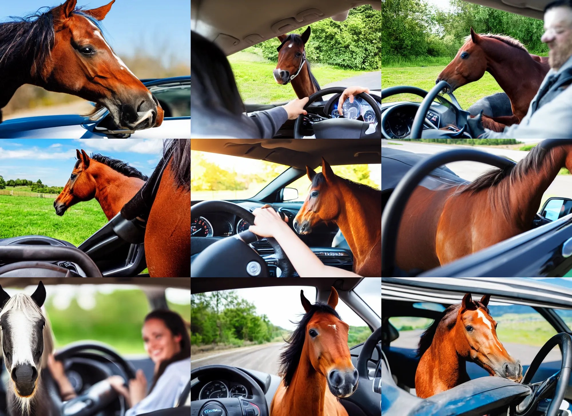 horse sitting behind the wheel of a driving a car Stable Diffusion