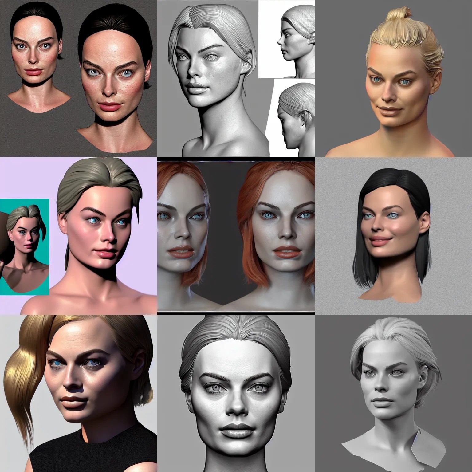 margot robbie head 3 d model, zbrush, wireframe, Stable Diffusion