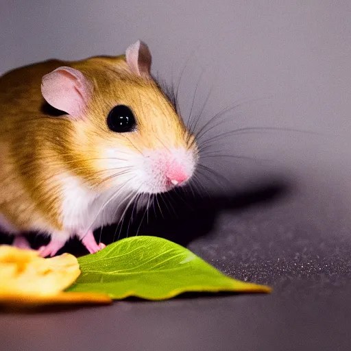 a very tiny dwarf hamster eating a large tropical Stable Diffusion