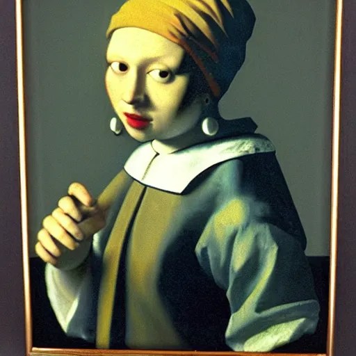 a orange cat with a pearl necklace by jan vermeer, oil Stable