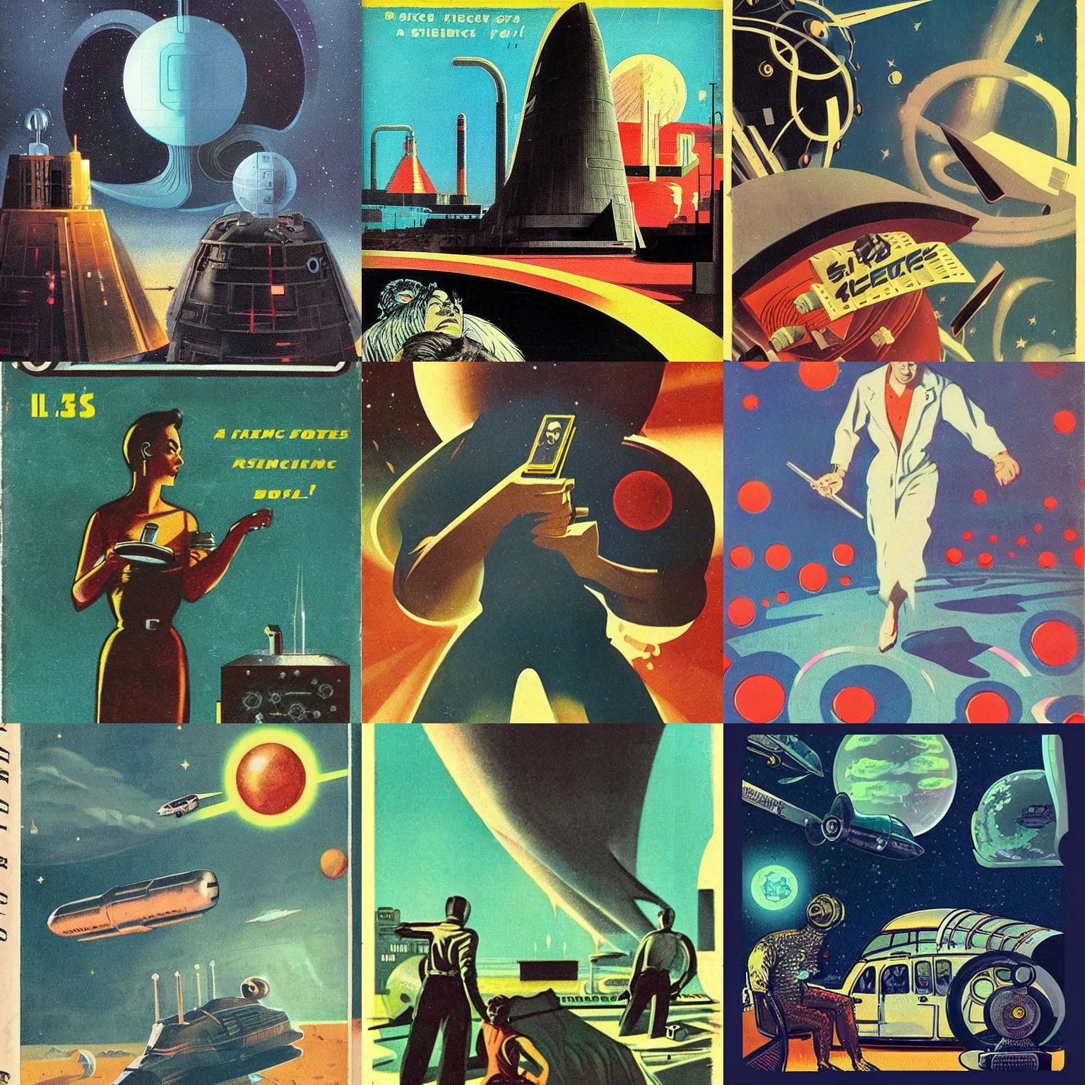 “1950s science fiction book cover illustration” Stable Diffusion