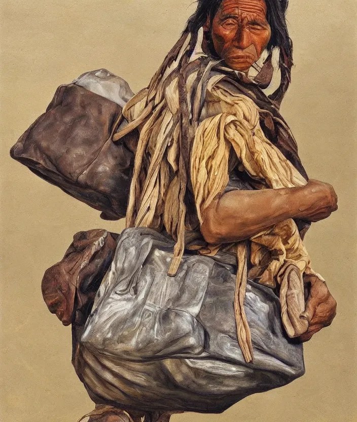 indigenous man carrying a lot of bags, painted by Stable Diffusion