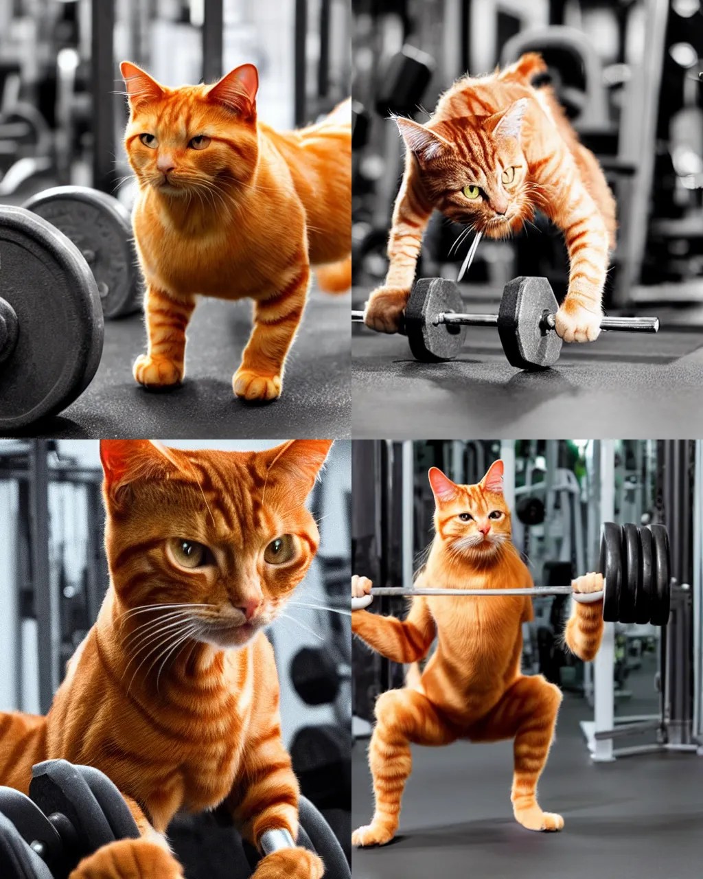 a muscular ginger cat at the gym lifting weights, Stable Diffusion