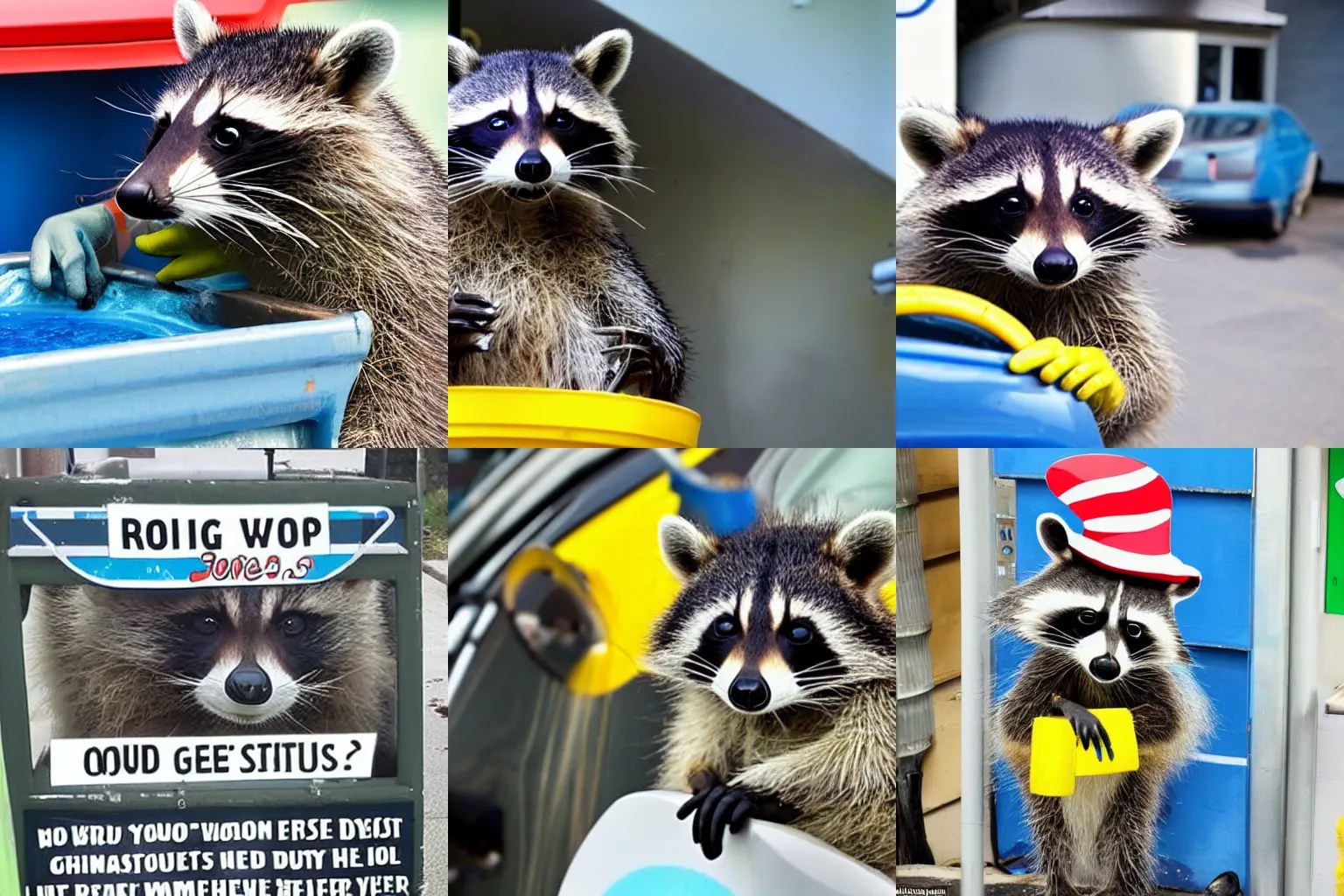 raccoon working at a car wash in the style of dr seuss Stable