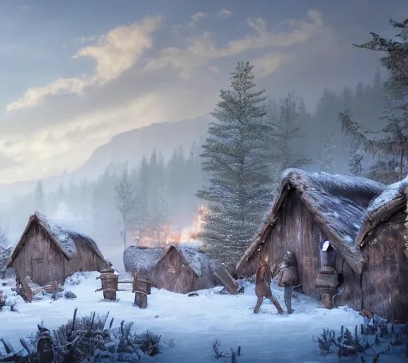a viking village in December, overlooking a horseshoe Stable Diffusion