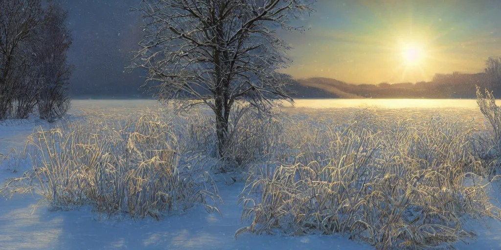 a beautiful cold lake landscape in winter, snow, Stable Diffusion