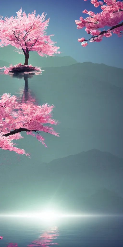 a single sakura tree growing upon an island in a lake, Stable