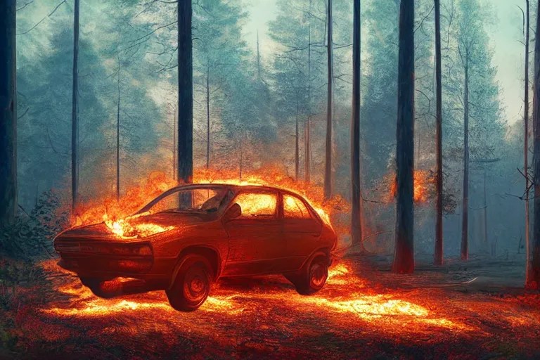 burning car standing in a beautiful swedish forest, Stable Diffusion