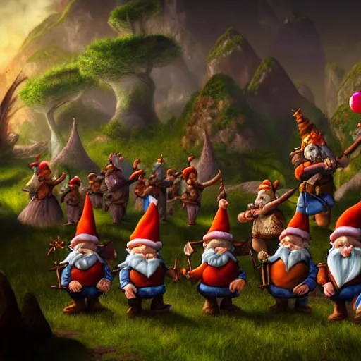a group of friendly gnomes and halflings have a big Stable Diffusion
