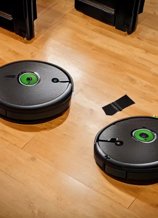 two roombas with knives duct taped to their tops Stable Diffusion