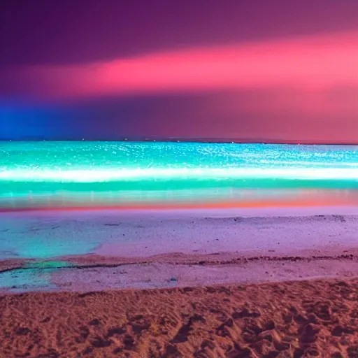 a beach at night with glowing phosphorescent waves Stable Diffusion