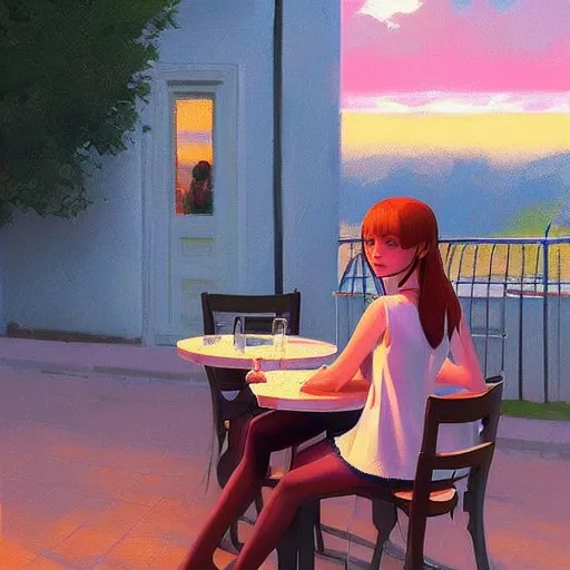 girl sitting in french cafe outside at night, art, Stable Diffusion