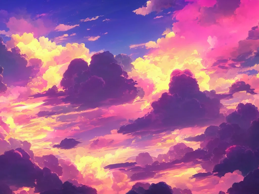 pink and yellow anime sky clouds, fantasy, artwork, Stable Diffusion