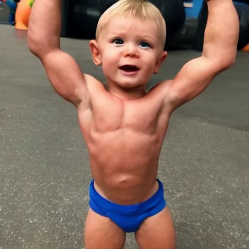 huge muscles bodybuilder toddler, 2 years old, barrel Stable Diffusion