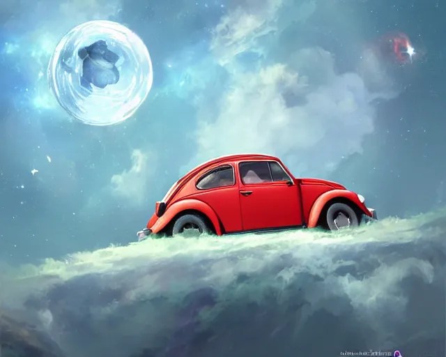 a Volkswagen Beetle floating in space, cosmic skies. Stable Diffusion